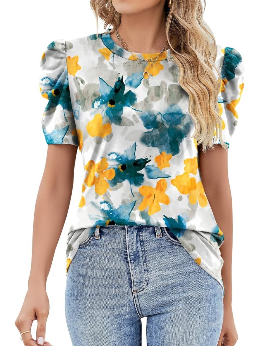 Puff Short Sleeve Shirt for Women Eyelet Tops Summer Crewneck Blouse Loose Fit S